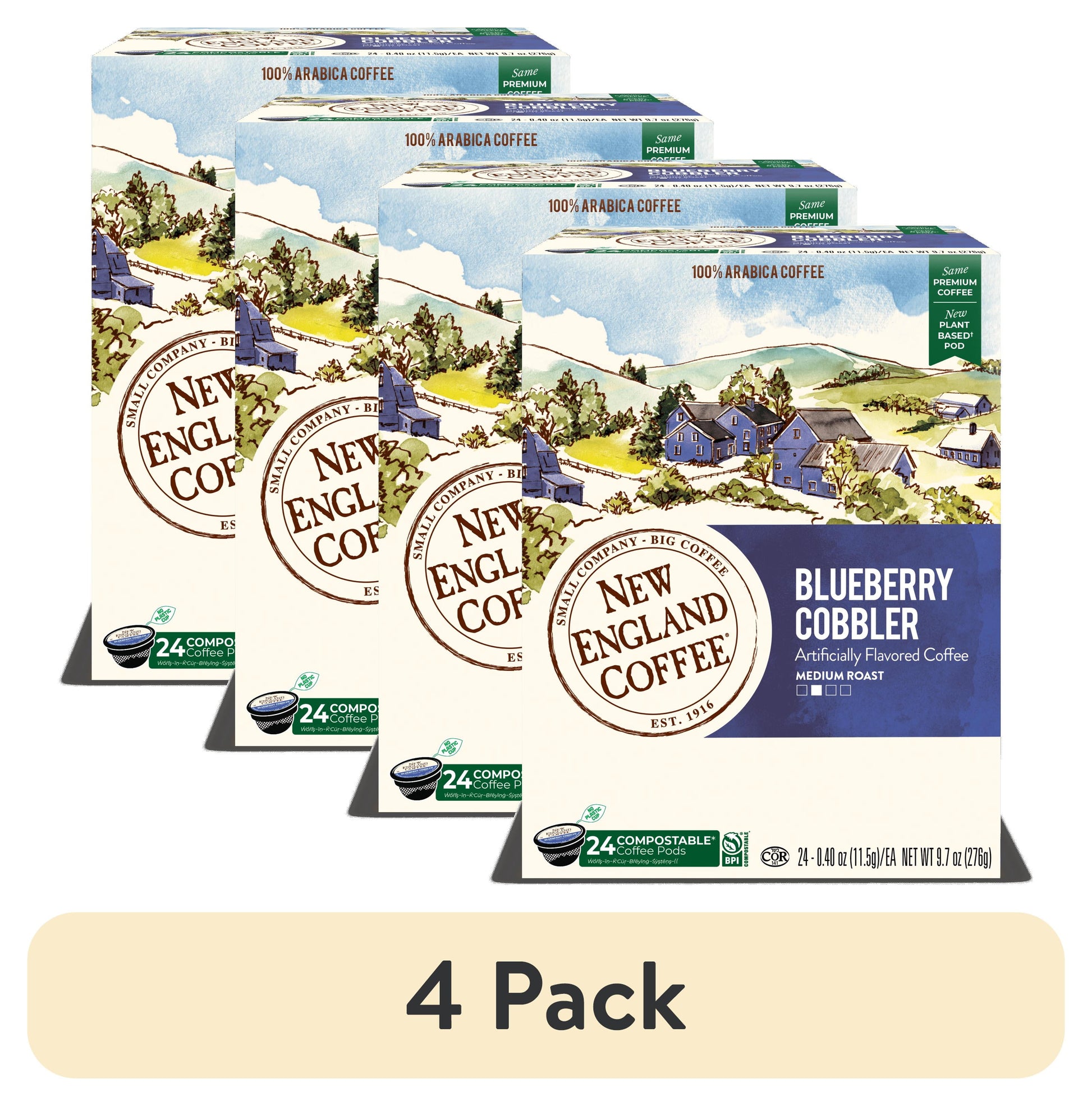 (4 Pack)  Blueberry Cobbler, Medium Roast, Single Serve Pods, 24 Count Box