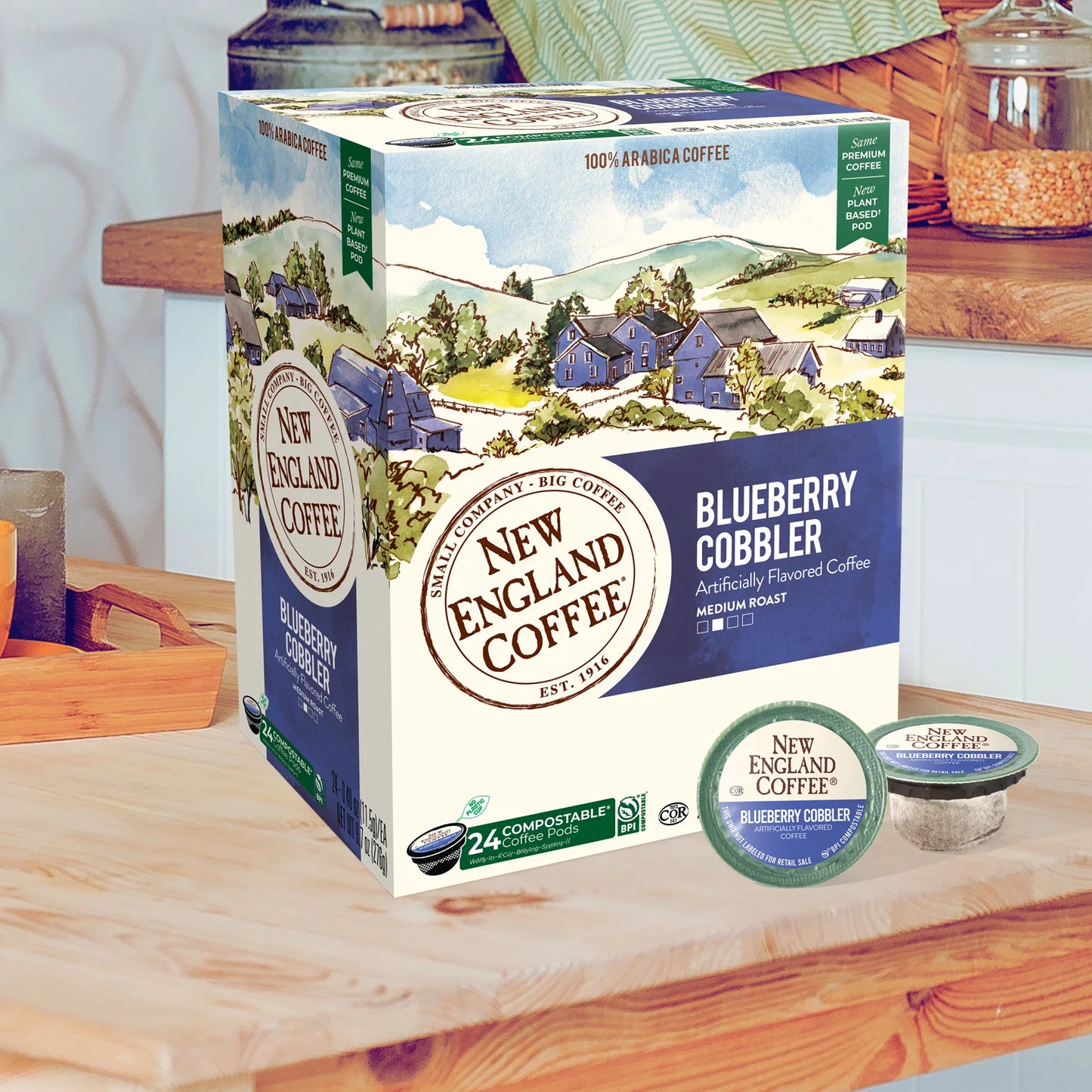(4 Pack)  Blueberry Cobbler, Medium Roast, Single Serve Pods, 24 Count Box
