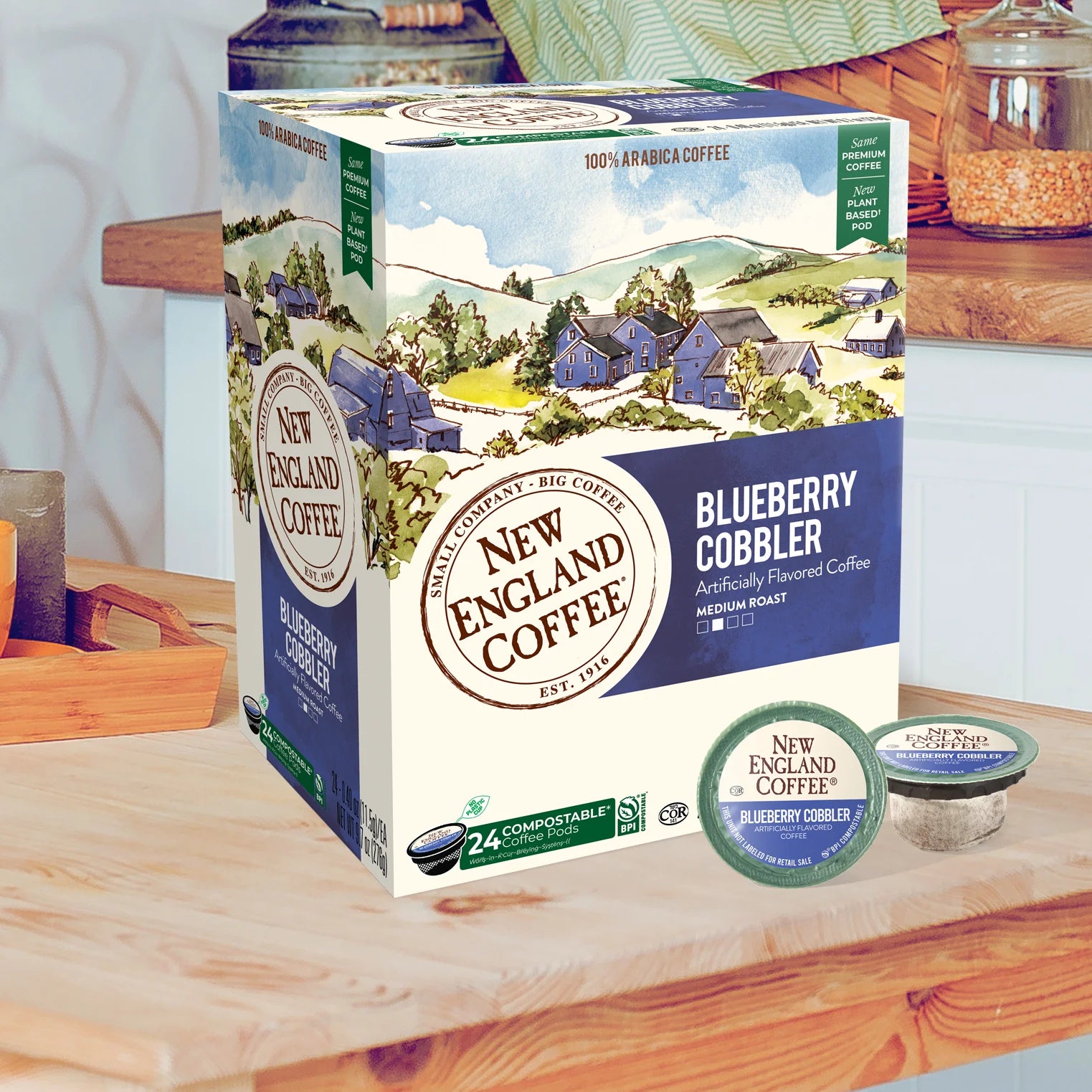(4 Pack)  Blueberry Cobbler, Medium Roast, Single Serve Pods, 24 Count Box